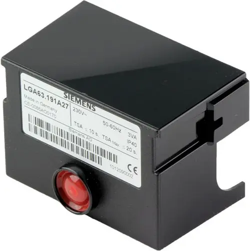 Bosch Gasfeuerungsautomat mit schwarzem Gehäuse, rotem Knopf und Label. Geeignet für den Betrieb mit 230 V, 3 VA und IP40-Schutz.